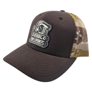 Diesel Works Black And Camo Curved Bill Snapback With Metallic Logo