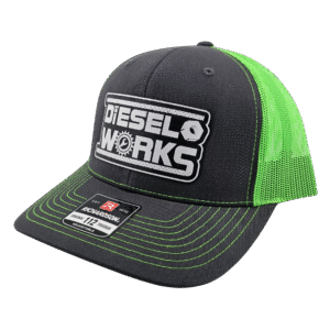 Diesel Works Black and Lime Green Cuved Bill Snapback Trucker With Black and White Logo